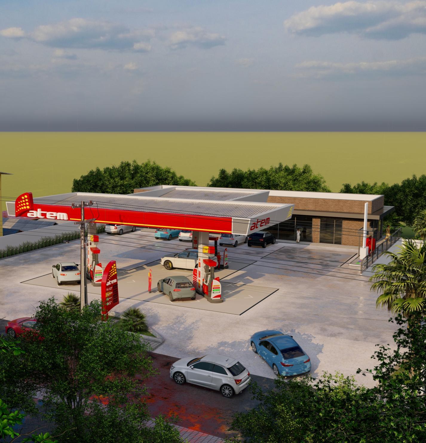 Implantação aérea do posto e estacionamento